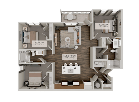 A 3D rendered image of a house layout with two bedrooms, a living room, and a kitchen.