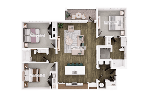 Floor Plan  A floor plan of a house with a living room, dining room, kitchen, and two bedrooms.