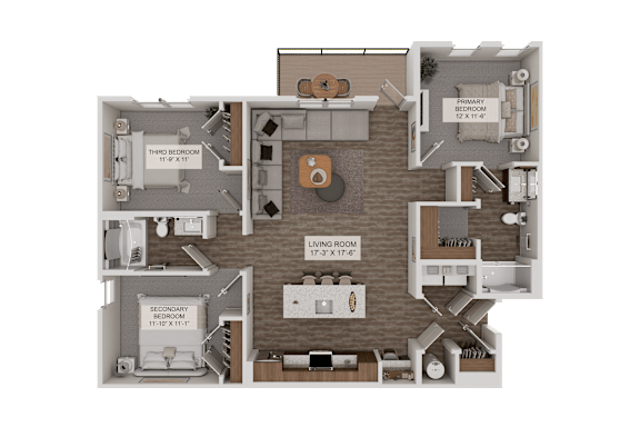 A 3D rendered image of a house layout with labeled rooms.