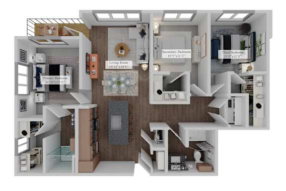 A diagram of a house layout with living room, kitchen, and bedrooms.