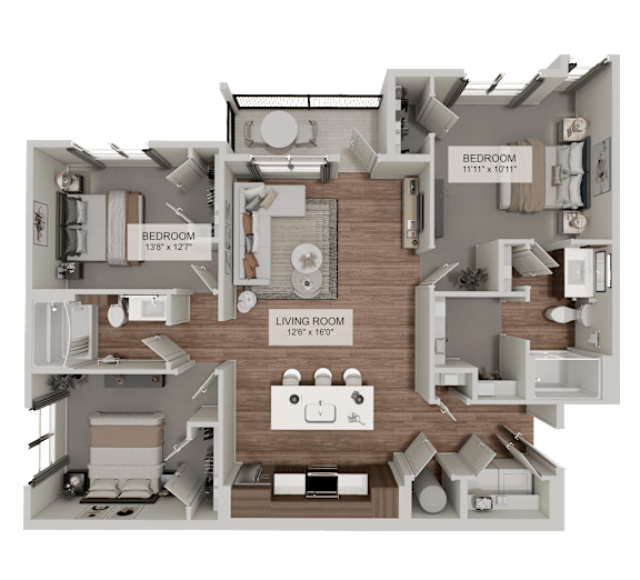 A 3D floor plan of a house showing a living room, two bedrooms, and a kitchen.