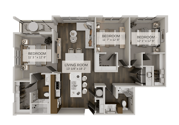 Floor Plan  A diagram of a house layout with three bedrooms and a living room.