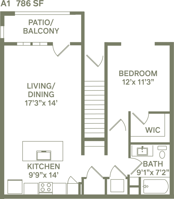 A1 - 1 Bedroom 1 Bath 786 Sq. Ft. Floor Plan at Canter, Ocala, FL, Florida, 34474