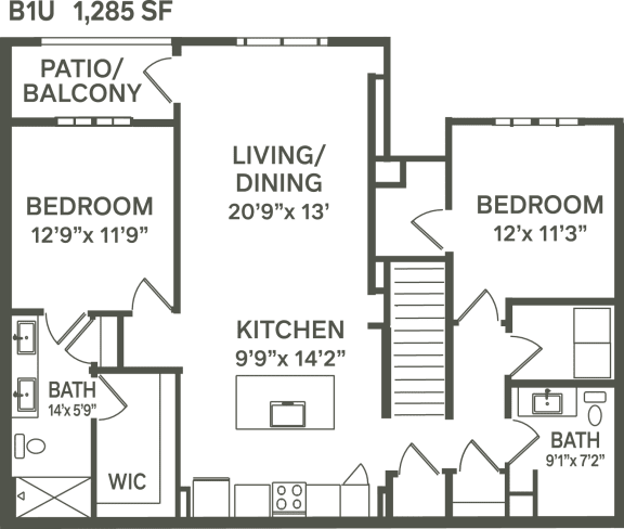 B1U- 2 Bedroom 2 Bath 1285 Sq. Ft. Floor Plan at Canter, Ocala, FL, 34474