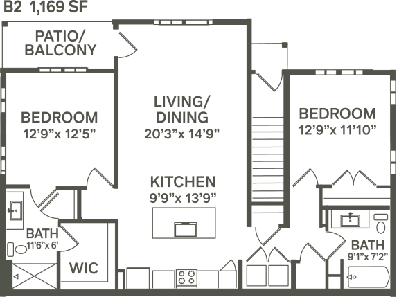 B2- 2 Bedroom 2 Bath 1169 Sq. Ft. Floor Plan at Canter, Ocala, FL, Florida