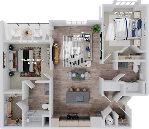 Floor Plan  A 3D floor plan of a home showing a living room, two bedrooms, and a kitchen.