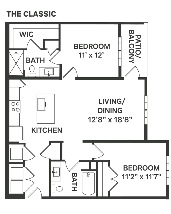 the floor plan of a bedroom apartment with a living room and a dining room  at The Depot, Raymore, Missouri