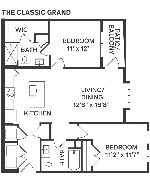 the floor plan of a bedroom apartment with a living room and a dining room  at The Depot, Raymore, MO