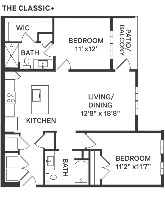 the floor plan of a bedroom apartment with a living room and a dining room  at The Depot, Raymore, MO, 64083