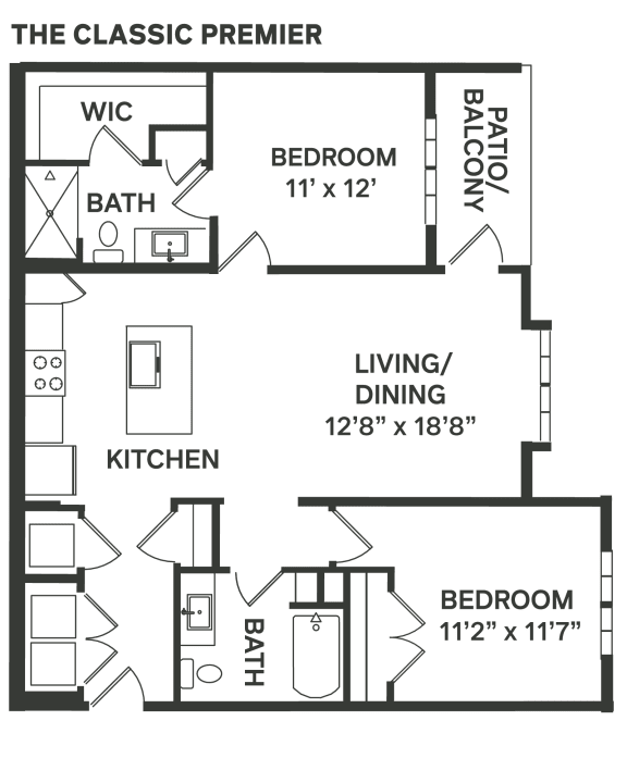 a floor plan of a bedroom apartment with a bathroom and a living room  at The Depot, Raymore, 64083