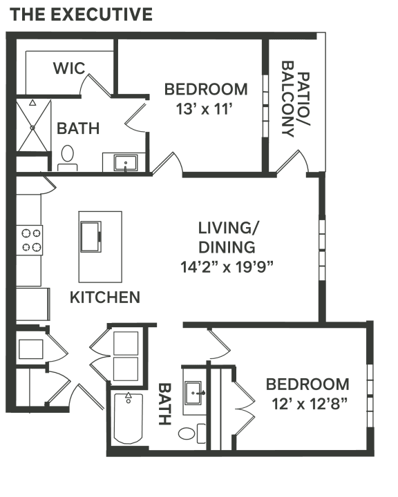 the floor plan of a bedroom apartment with a bathroom and a living room  at The Depot, Raymore, 64083