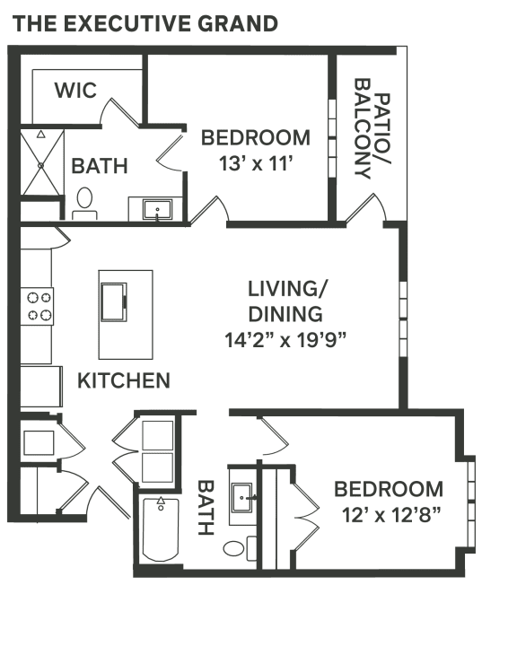 a floor plan of a bedroom apartment with a living room and a dining room  at The Depot, Raymore