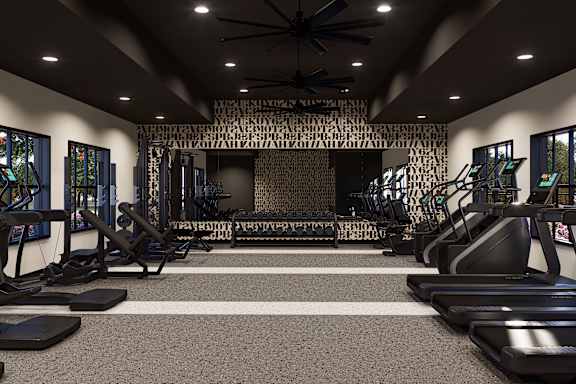 A gym with treadmills, elliptical machines, and a wall of windows. at The Logan Luxury Apartments, Nampa, ID