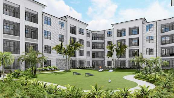 A rendering of a modern apartment complex with a landscaped courtyard at The Stadler Luxury Apartments, Bradenton, Florida