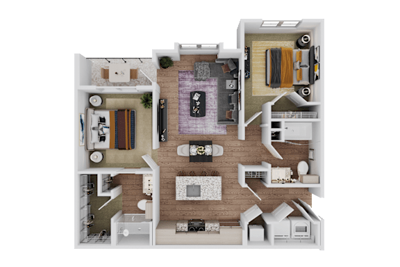 1 bed 1 bath A 3D floor plan of a house with a kitchen, living room, and two bedrooms. at Standard441 Luxury Apartment Homes, Florida, 32159