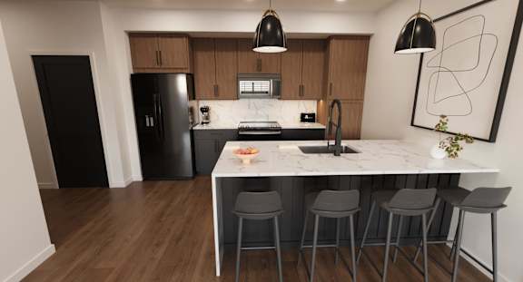 A modern kitchen with a white marble countertop and grey bar stools.
