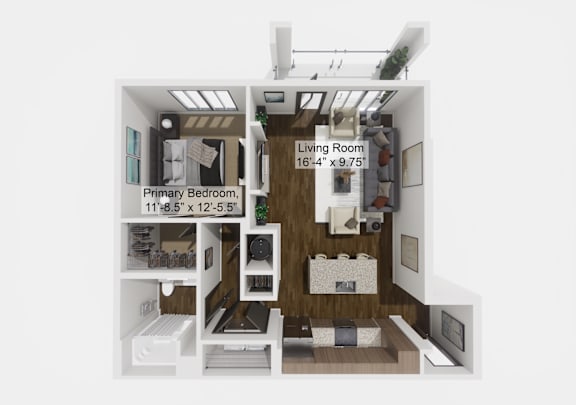 Floor Plan  A diagram of a small apartment with a living room, kitchen, and bathroom.