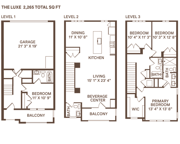 A floor plan for a three-level home with a total of 2,265 square feet at Meridian at CityPlace, Woodbury, MN 55125