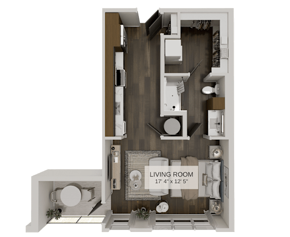 Floor Plan  A living room with a sofa, a bed, and a table.