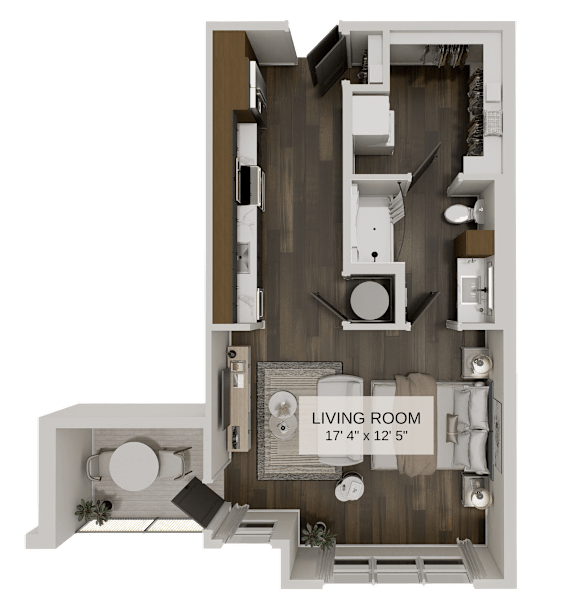 Floor Plan  A living room floor plan with a kitchen area and a bathroom.