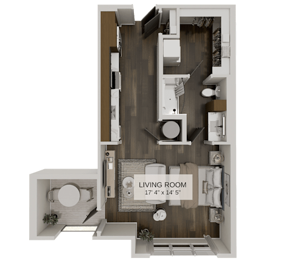 Floor Plan  A living room with a sofa, a bed, and a desk.