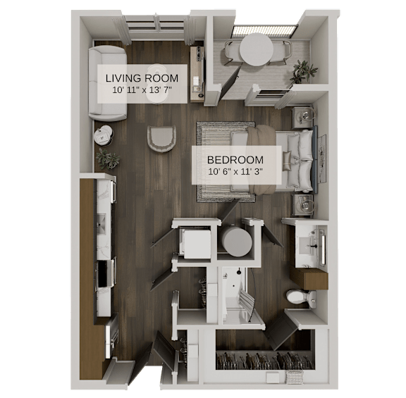 Floor Plan  A floor plan of a small apartment with a living room and bedroom.