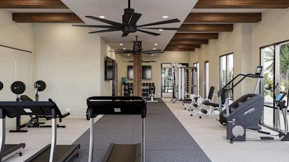 A gym with a variety of equipment including treadmills, weights, and a rowing machine at The Stadler Luxury Apartments, Bradenton, FL 34210