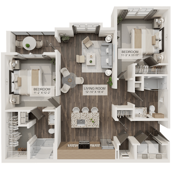 Floor Plan  A 3D floor plan of a house showing two bedrooms, a living room, and a kitchen.