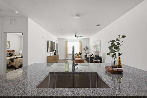 A modern kitchen with a granite countertop and a sink. at The Levi Luxury Apartments, McDonough, 30253