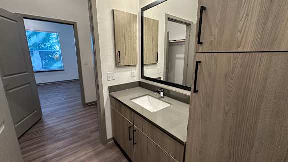 A bathroom with a sink, mirror, and wooden cabinets.