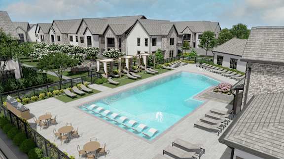 A pool surrounded by lounge chairs and umbrellas.