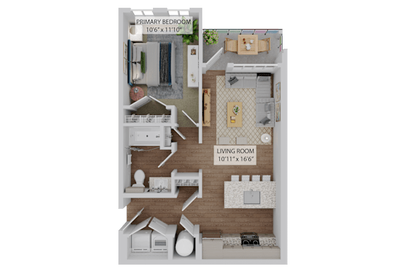 A 3D floor plan of a small apartment with a living room, kitchen, and two bedrooms.