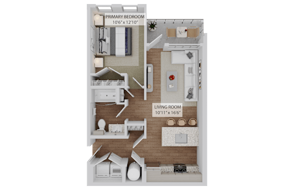A diagram of a house layout with a primary bedroom and a living room.