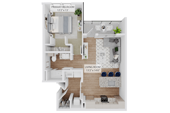 A floor plan of a small apartment with a primary bedroom and a living room.