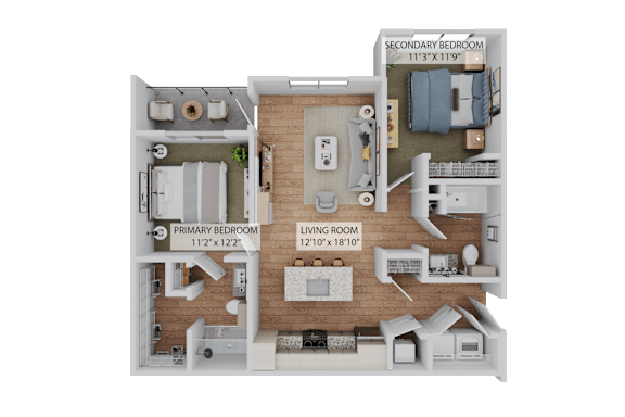 A 3D floor plan of a house showing a living room, two bedrooms, and a bathroom.