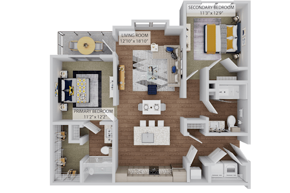 A 3D floor plan of a house showing a living room, two bedrooms, and a secondary bedroom.