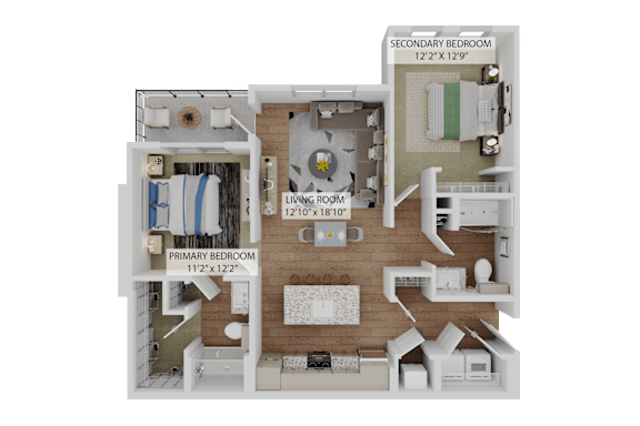 A diagram of a house layout with a living room, two bedrooms, and a secondary bedroom.