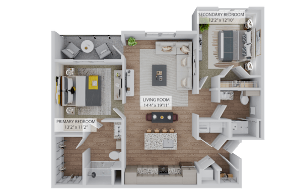 A floor plan of a living space with a primary bedroom, secondary bedroom, and living room.