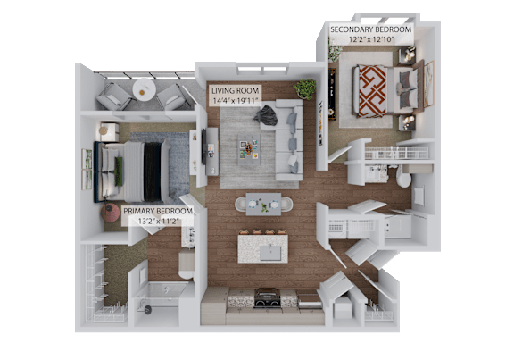 A 3D diagram of a house layout with three bedrooms and a living room.