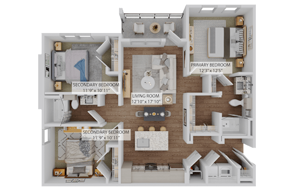 A diagram of a house layout with a living room, two bedrooms, and a kitchen.
