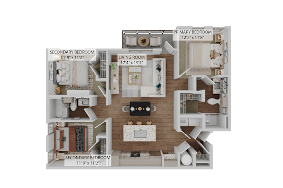 A 3D floor plan of a home showing a living room, two bedrooms, and a kitchen.