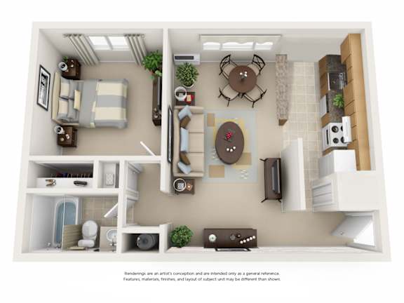 A 3D floor plan of a small apartment with a kitchen, living room, and bathroom.
