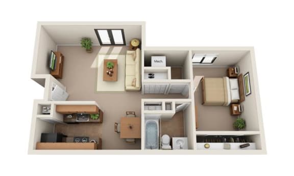One Bedroom Floor Plan at Deauville Park Apartments, Monroeville