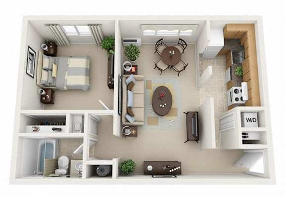 A 3D floor plan of a small apartment with a kitchen, living room, and bedroom.