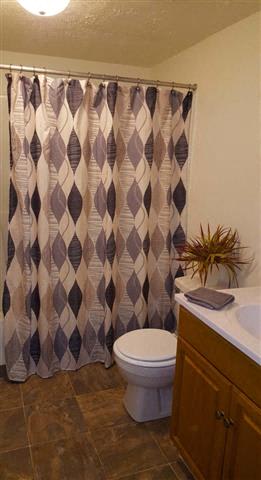 A bathroom with a toilet, sink, and shower curtain.