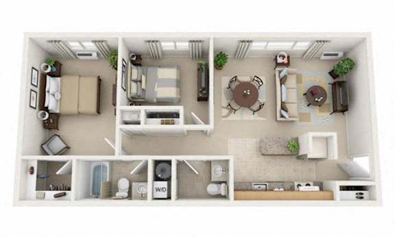 A 3D floor plan of a house with a living room, kitchen, and two bedrooms.