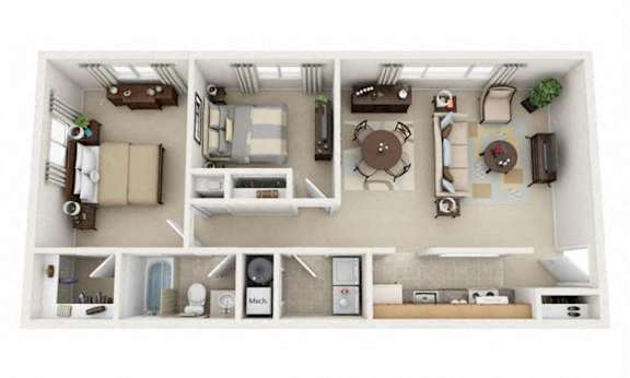 A 3D floor plan of a house with a kitchen, living room, and bathroom.