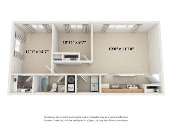 A diagram of a house layout with three bedrooms, a living room, and a kitchen.