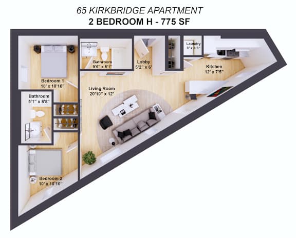 A floor plan of a 2 bedroom apartment with a living room, kitchen, and bathrooms.