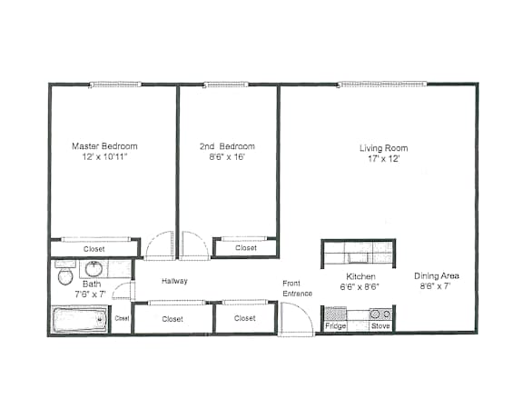 2 Bedrooms, 1 Bathroom Floor Plan at 1025 Munroe Avenue